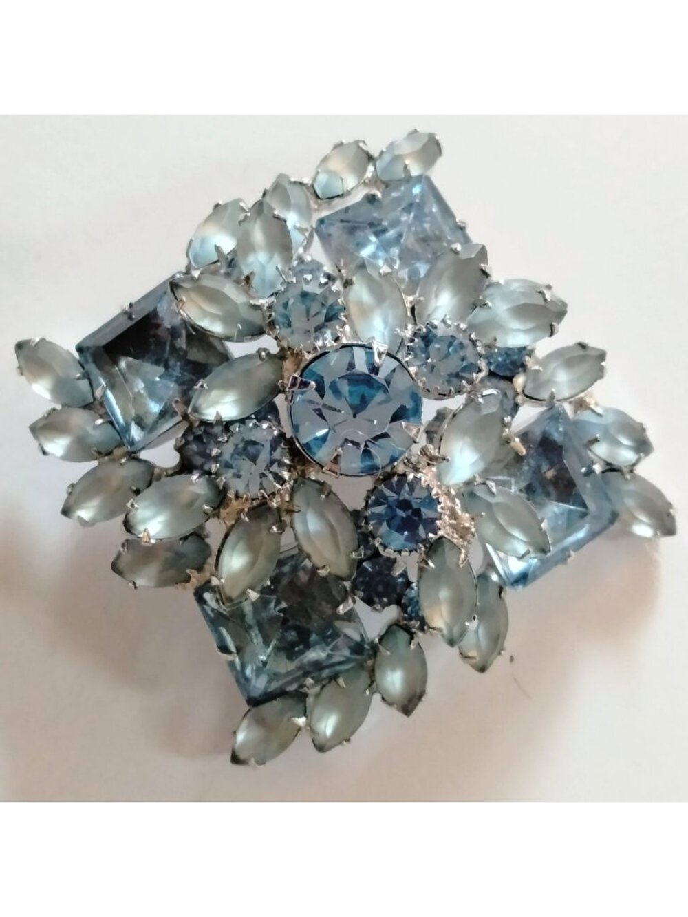 Vintage Blue Rhinestone Brooch Frosted Glass Elegant Statement MCM